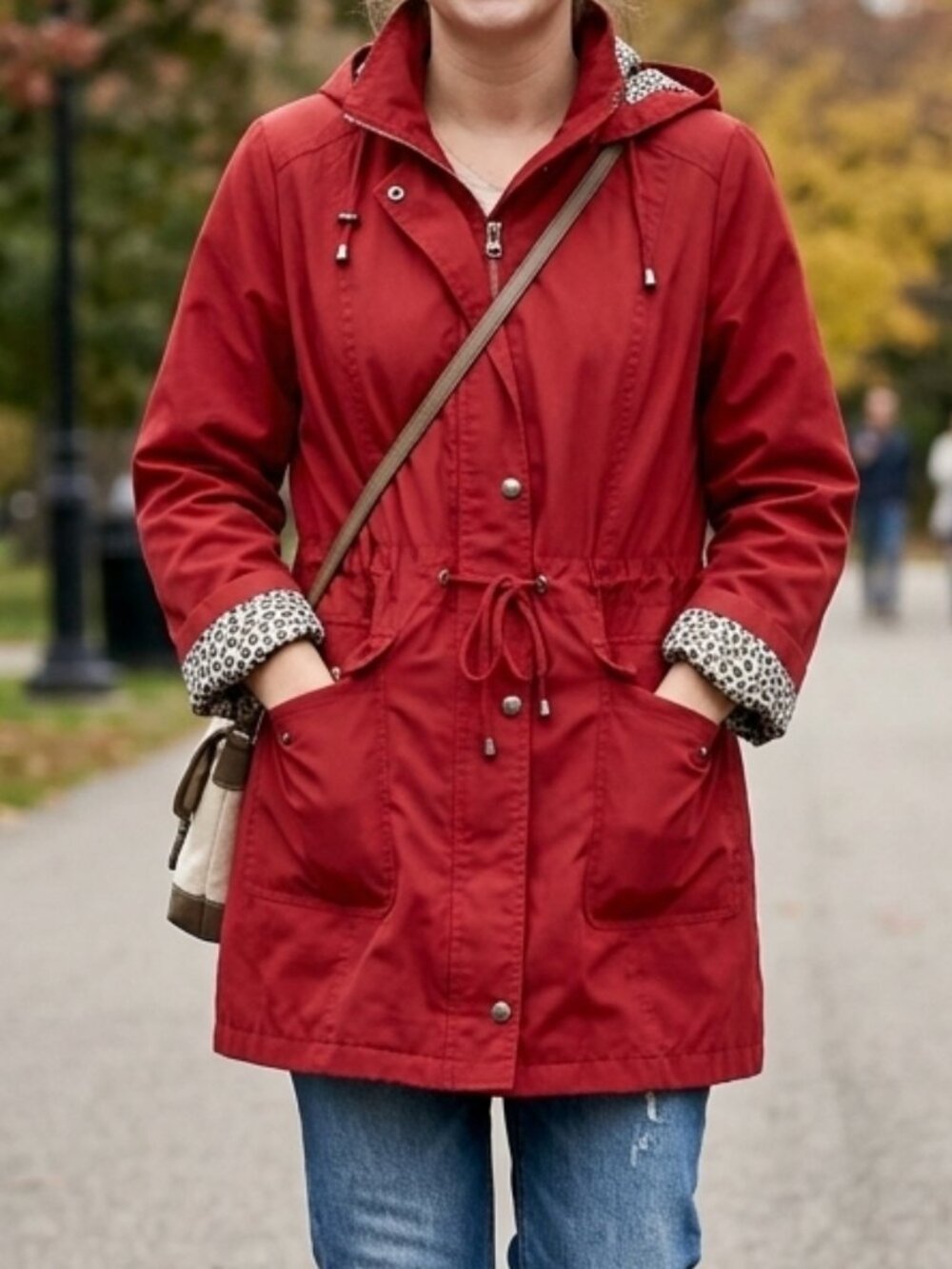 Red Women's Parka Jacket with Leopard Lining
